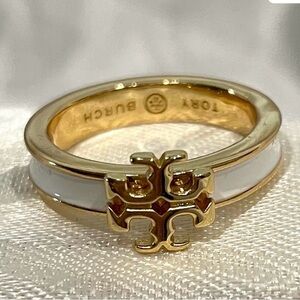 Tory Burch Gold Tone Ring with White Enamel and Logo NWT Size 6.50